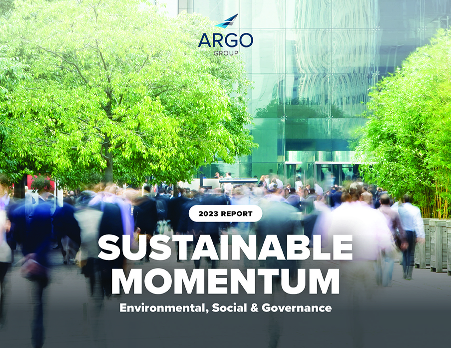 A group of people in business attire walking briskly in an urban setting with the text "2023 report sustainable momentum environmental, social & governance" displayed over the image, suggesting a corporate report on sustainability efforts by the Argo Group.