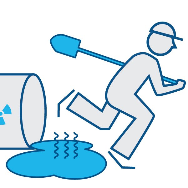 Illustration depicting man with shovel running away from spilled harmful chemical