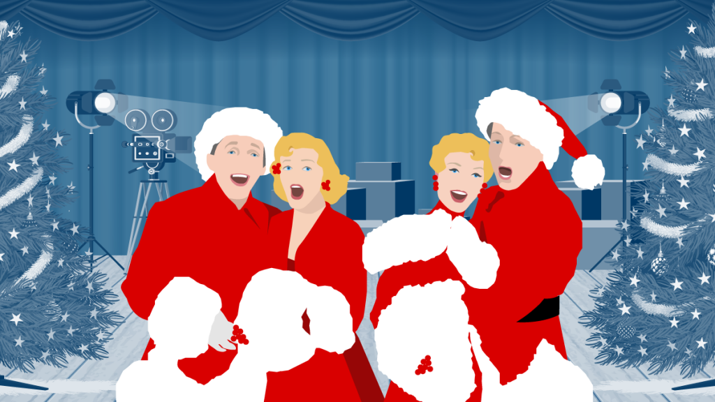 Two couples singing and dressed as Santa