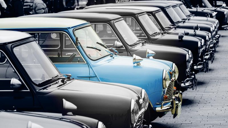 Row of classic Mini Cooper cars