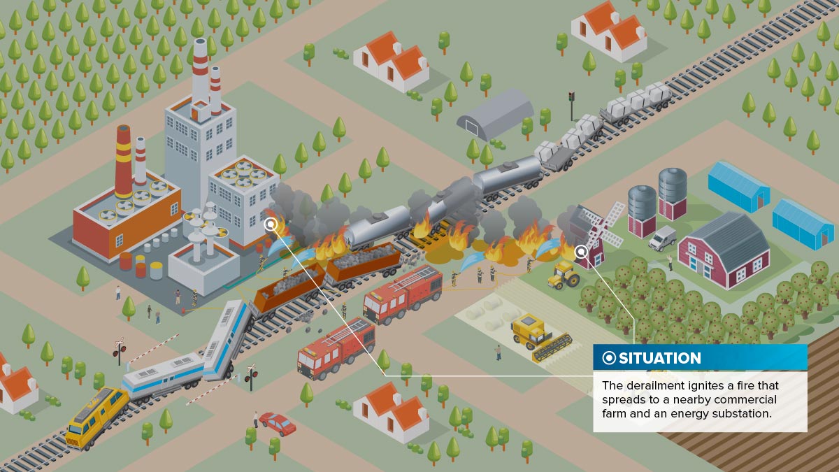 Illustration shows fire from train derailment spreading to nearby farm