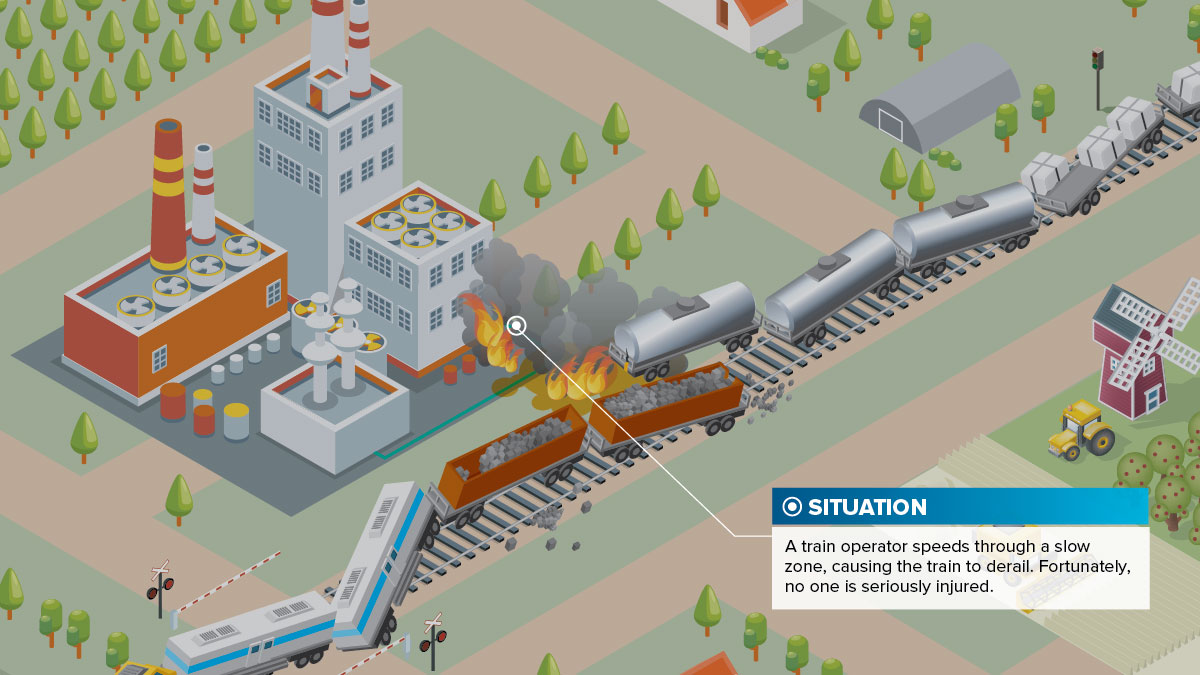 Illustration of train derailment near farm and energy substation