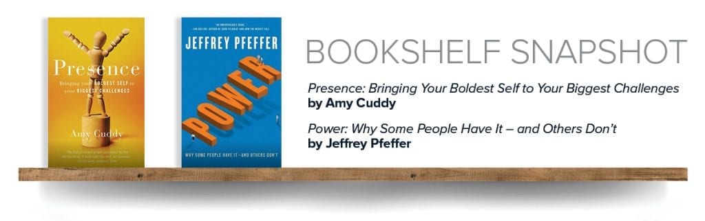 Covers of two books on a shelf: "Presence" by Amy Cuddy and "Power" by Jeffrey Pfeffer